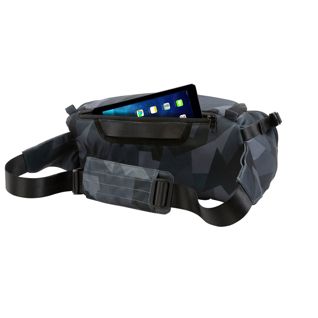 HEX Ranger Glacier Camo DSLR Sling, rear view, with tablet partially extending from rear pocket