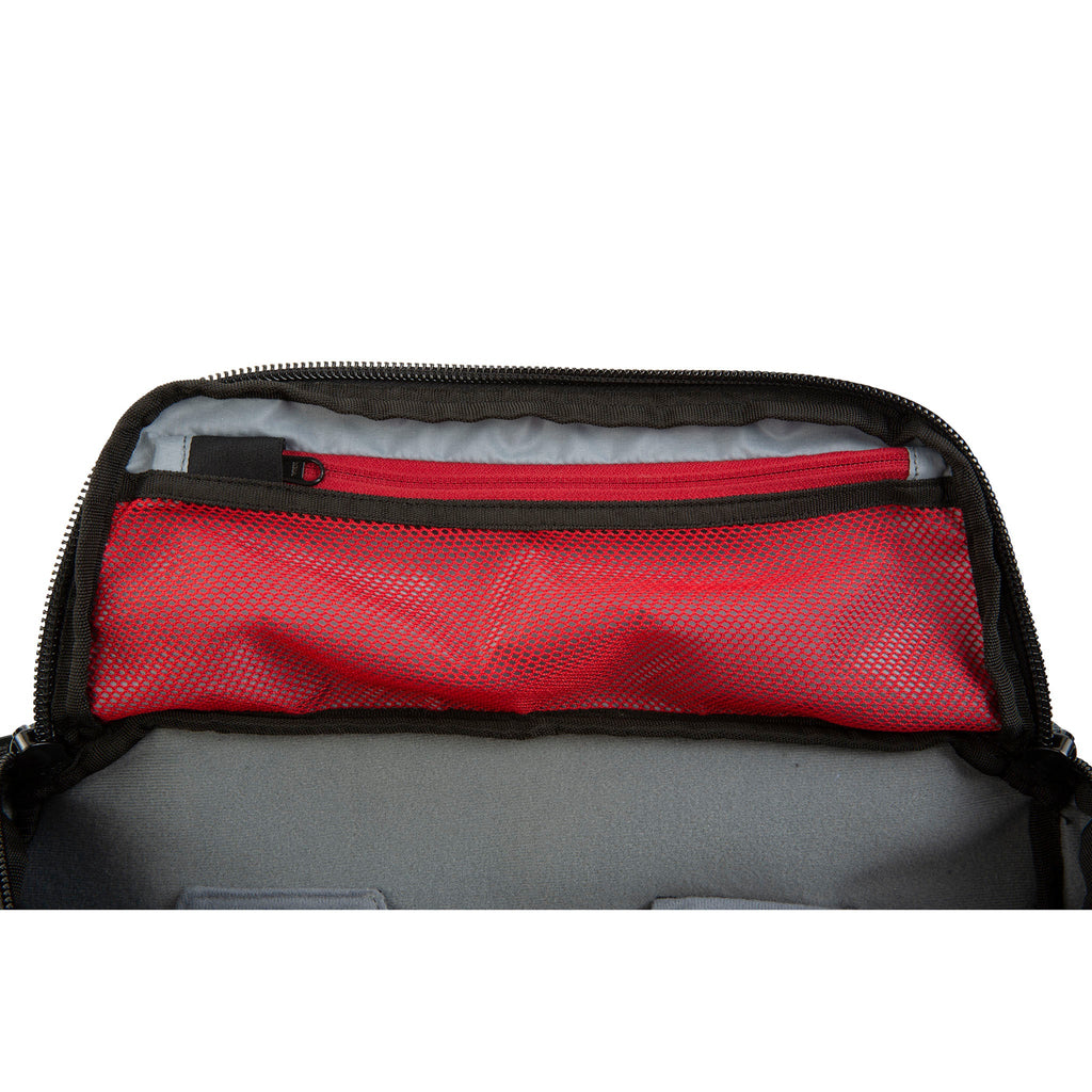 HEX Ranger Glacier Camo DSLR Sling, close up of red mesh interior pocket