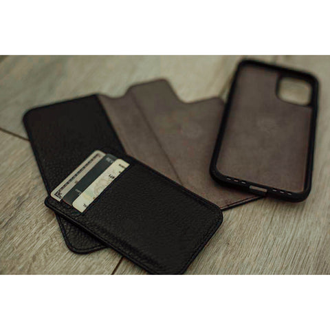 HEX Black Leather 4-in-1 Case for iPhone 11 and iPhone XR, shown on countertop disassembled