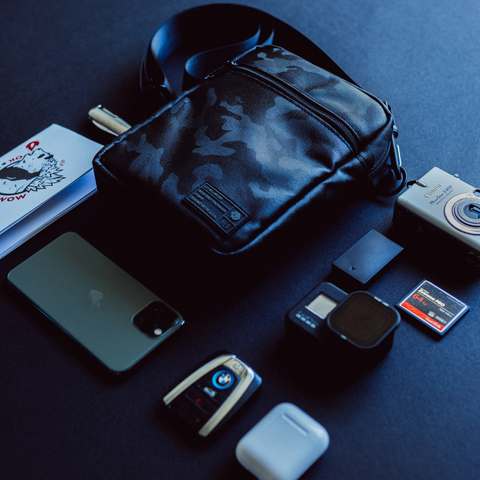 Ranger Camera Crossbody Blackout Camo - Gear laid out, unpacked 