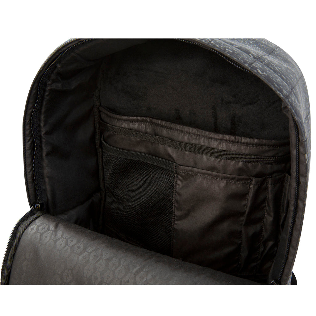 HEX Galaxy Black Reflective Logic Backpack, front view, unzipped to show interior fabric