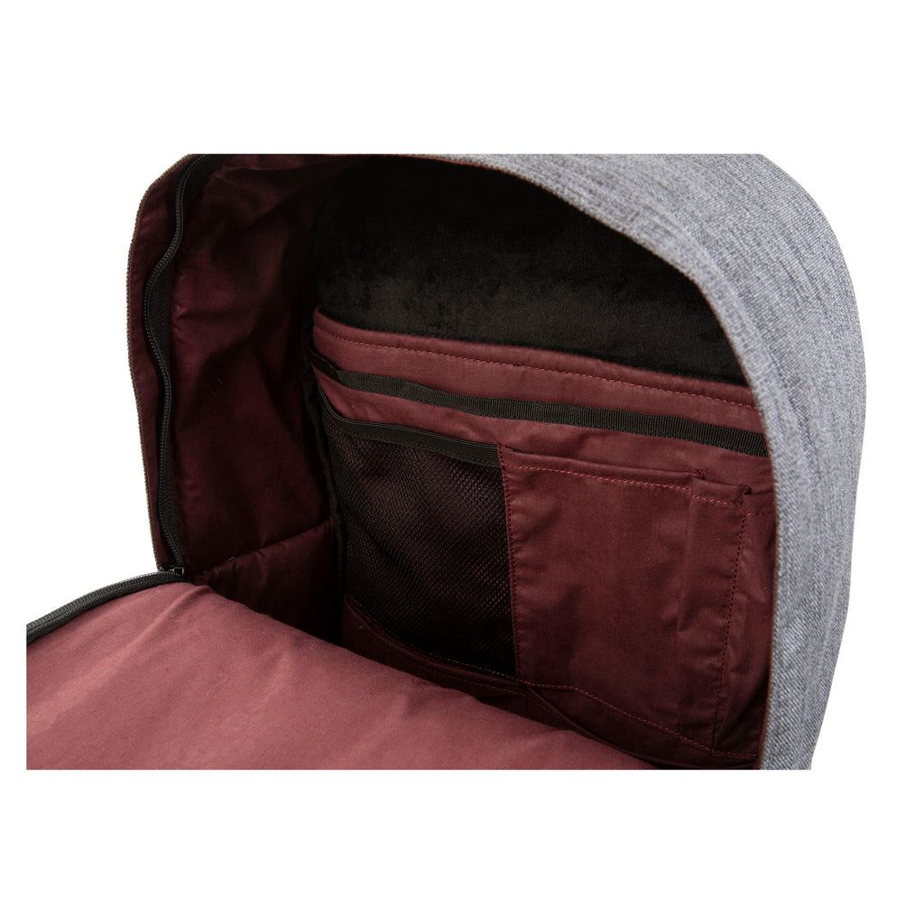 HEX Instinct Grey Woven Logic Backpack, front view, unzipped to show interior