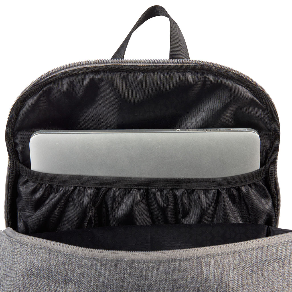 Close up of HEX Aspect Exile Backpack Charcoal backpack, showing laptop in storage pocket