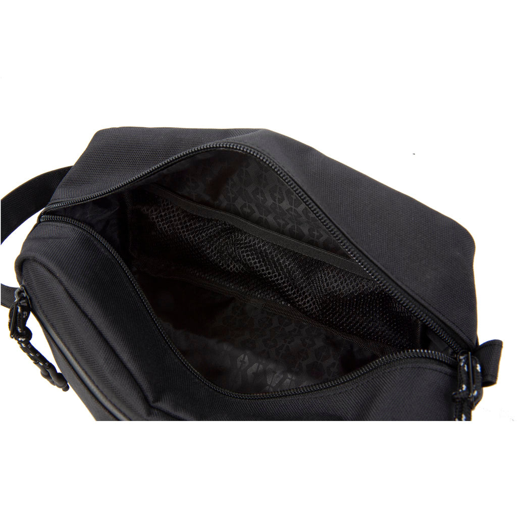 HEX Aspect Black Dopp Kit, unzipped to show black interior fabric