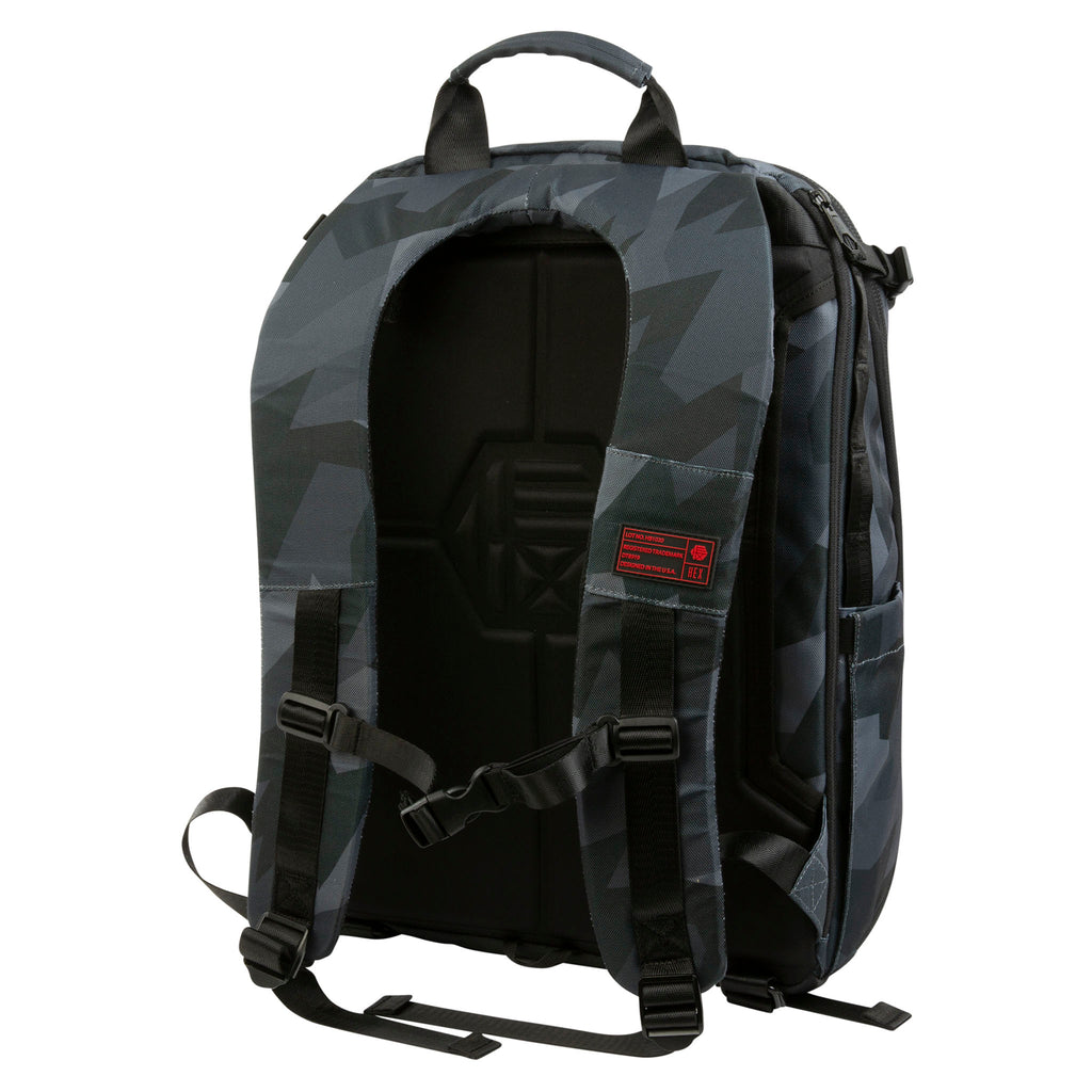 Back view of the Hex Ranger Clamshell Glacier Camo DSLR Backpack showing the shoulder straps and chest tightening strap