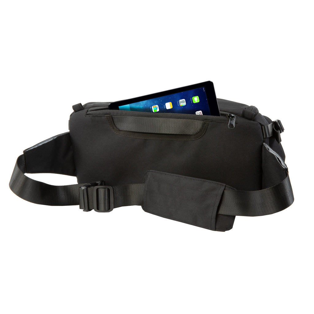 HEX Ranger Black DSLR Sling, rear view, with tablet partially extending out of rear pocket