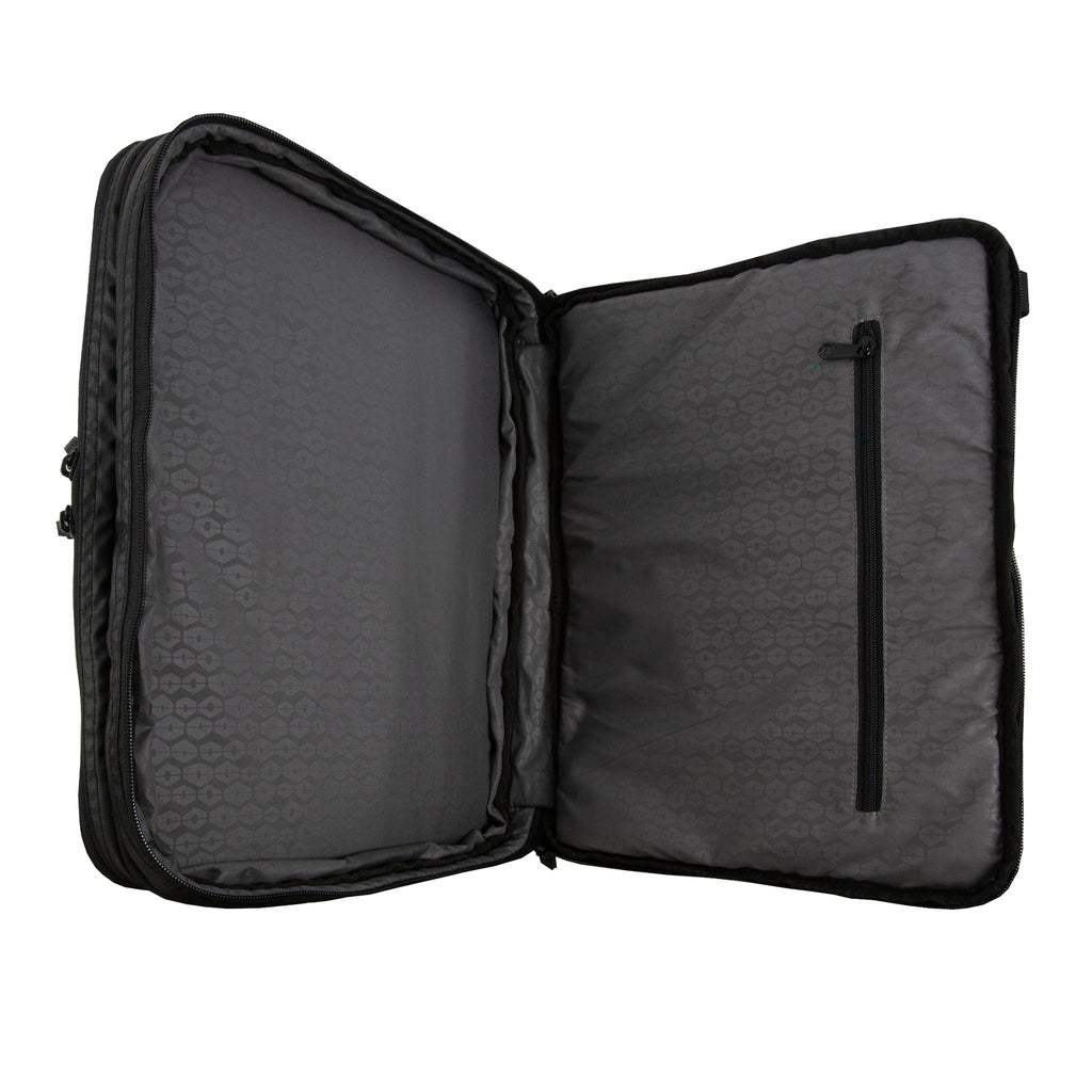 HEX Nero Expandable Laptop Briefcase, black, with compartment 2 unzipped