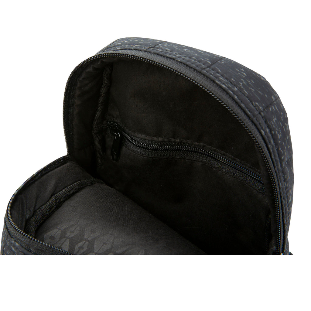 HEX Galaxy Black Reflective Shoulder Bag, front view, unzipped to show interior fabric
