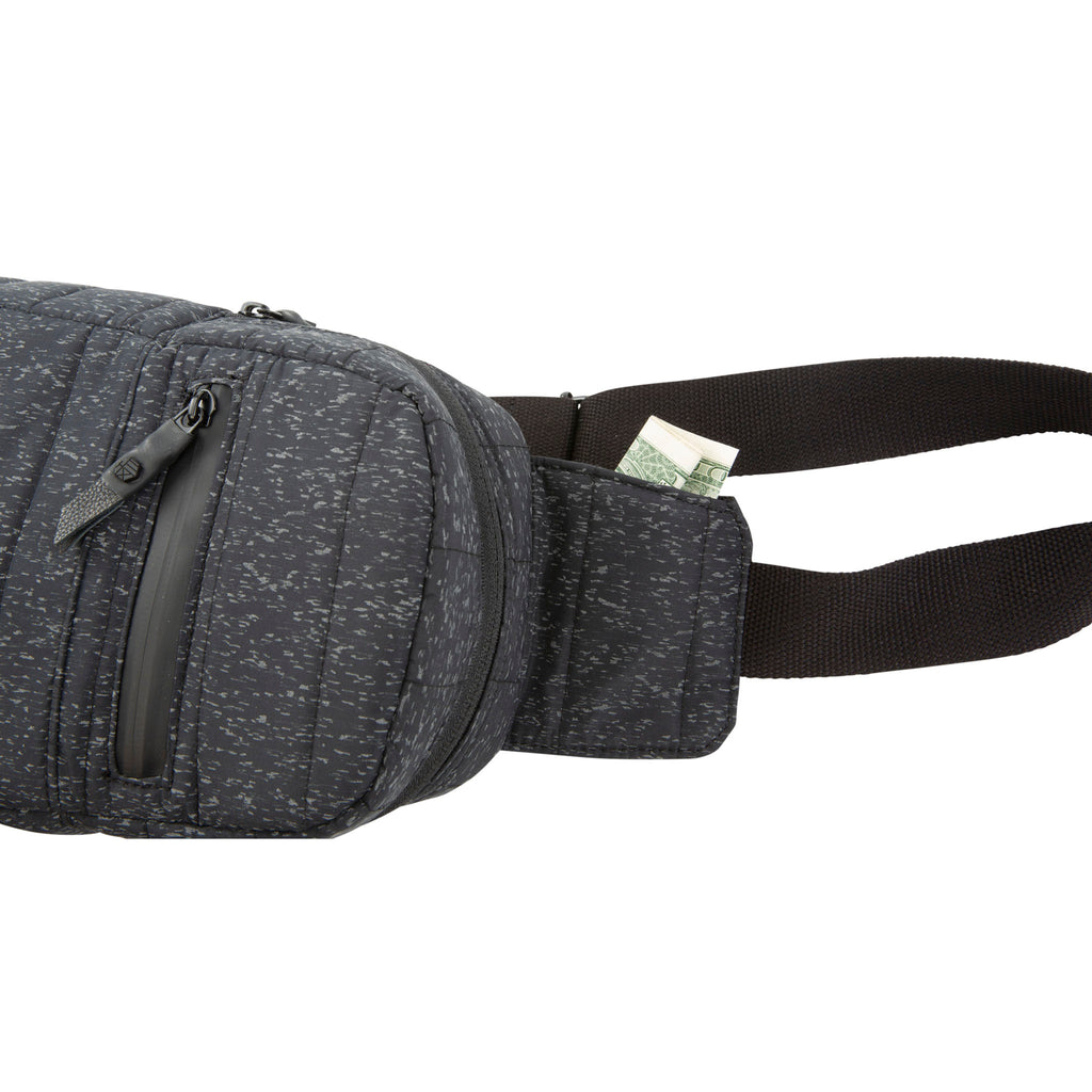 HEX Galaxy Black Reflective Shoulder Bag, showing small storage pocket in waist belt