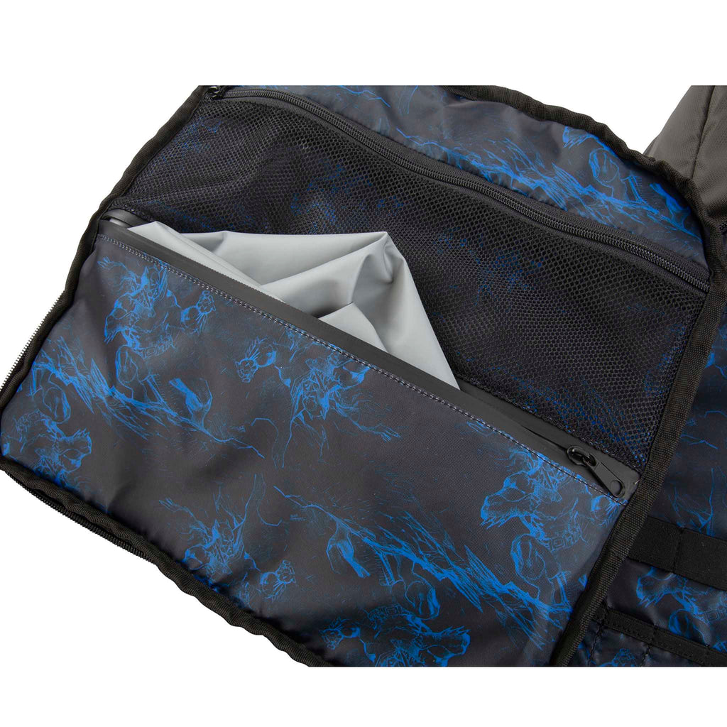 Close up of HEX x Jim Lee Artist Backpack, showing interior zipper pocket