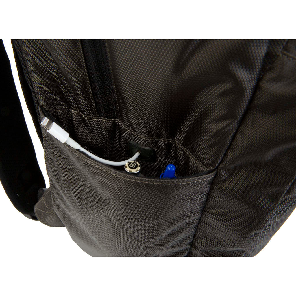 Close up of HEX x Jim Lee Artist Backpack, showing side pocket with accessories stored in it