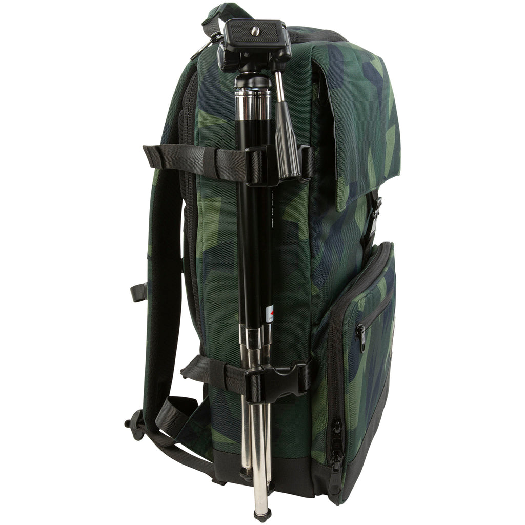 HEX Back loader DSLR Backpack in camo left side view showing tripod 