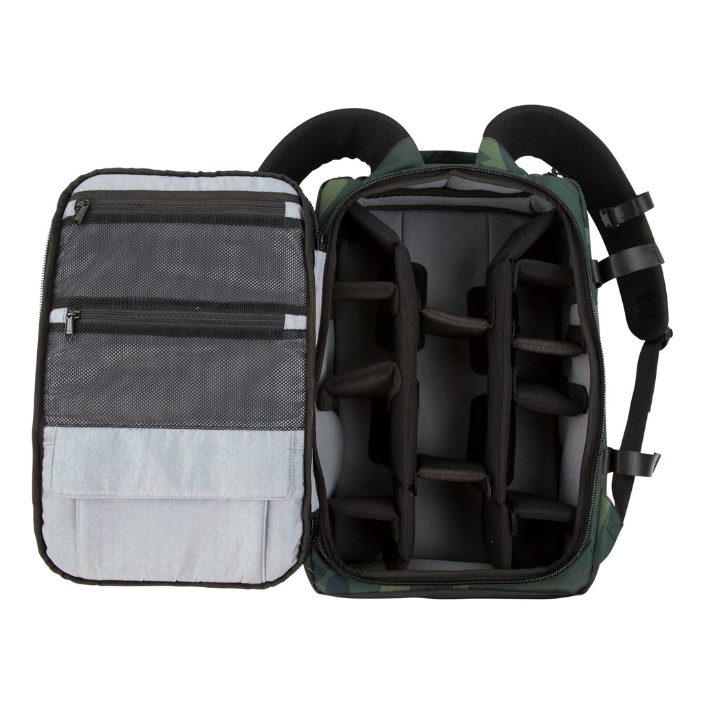 HEX Back loader DSLR Backpack in camo rear view showing loading compartment