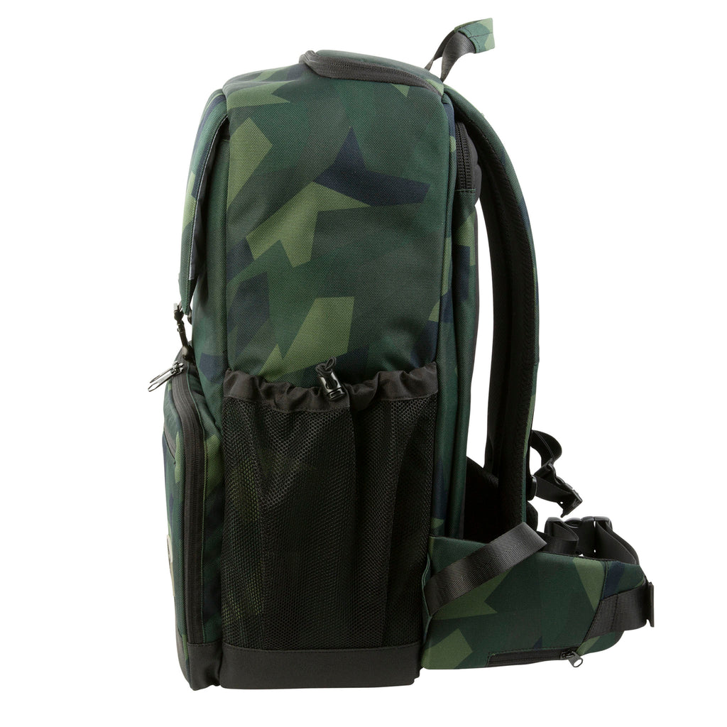 Cinema Backpack, Green Camo. Side view with accessory pocket.