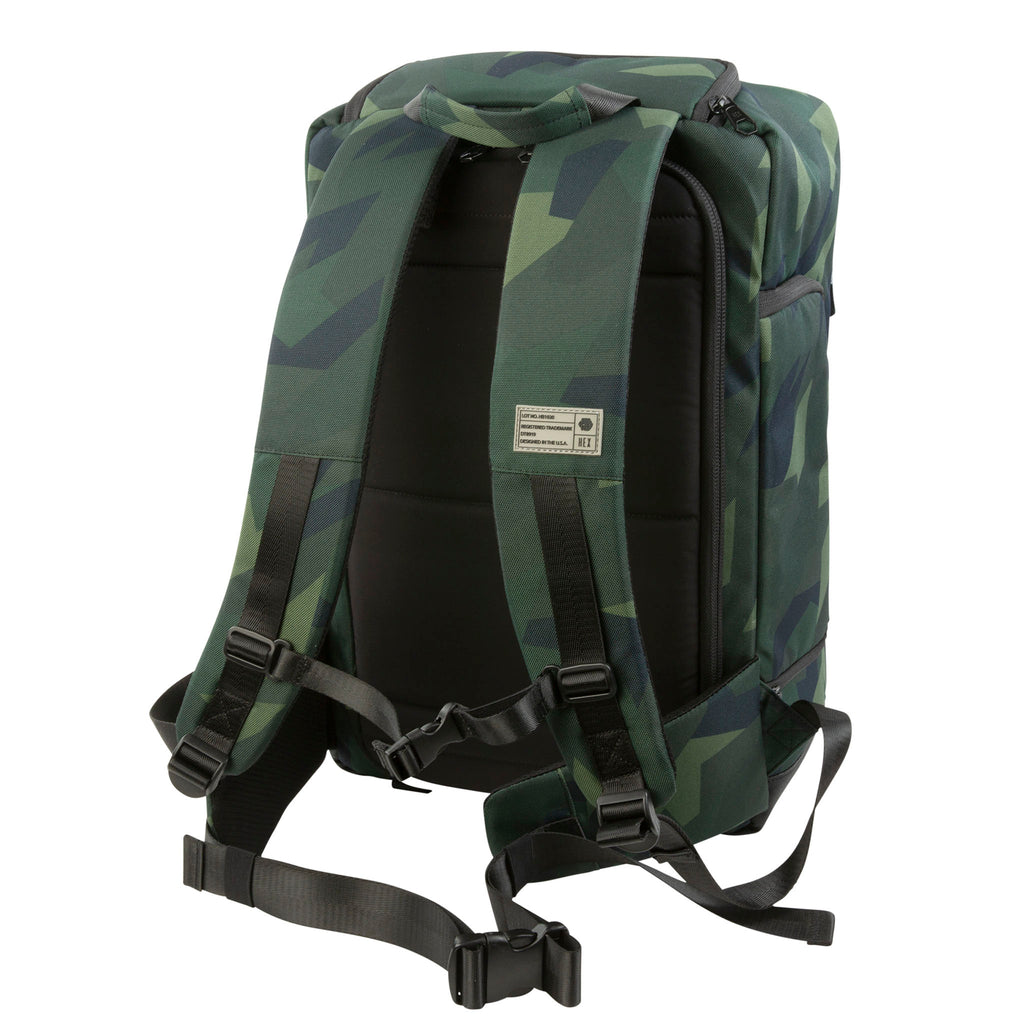 Cinema Backpack, Green Camo. View of back with padded shoulder straps. 
