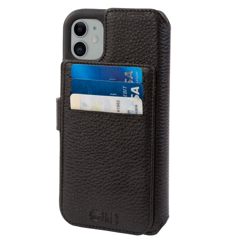 HEX Black Leather 4-in-1 Case for iPhone 11 and iPhone XR, rear view, with credit cards