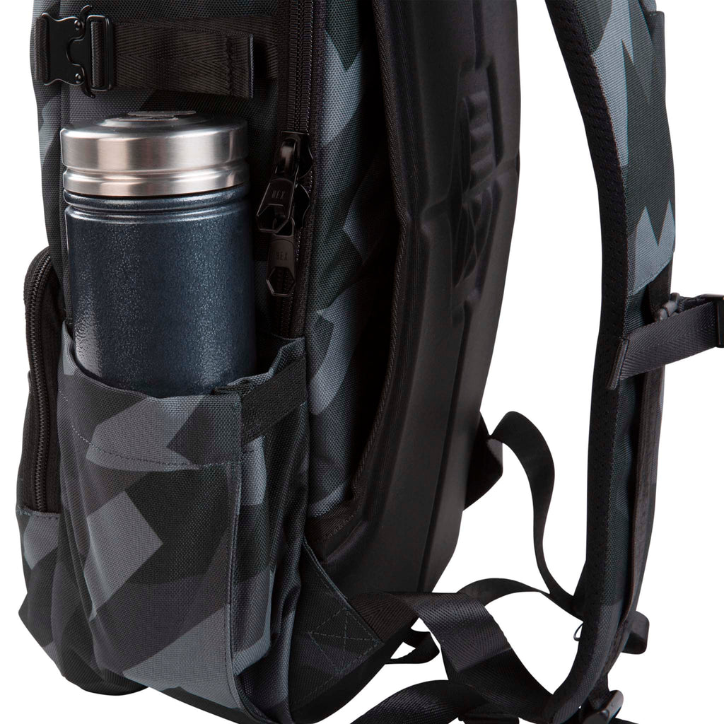 HEX Technical Backpack Glacier Camo, side view, with water bottle in side pocket