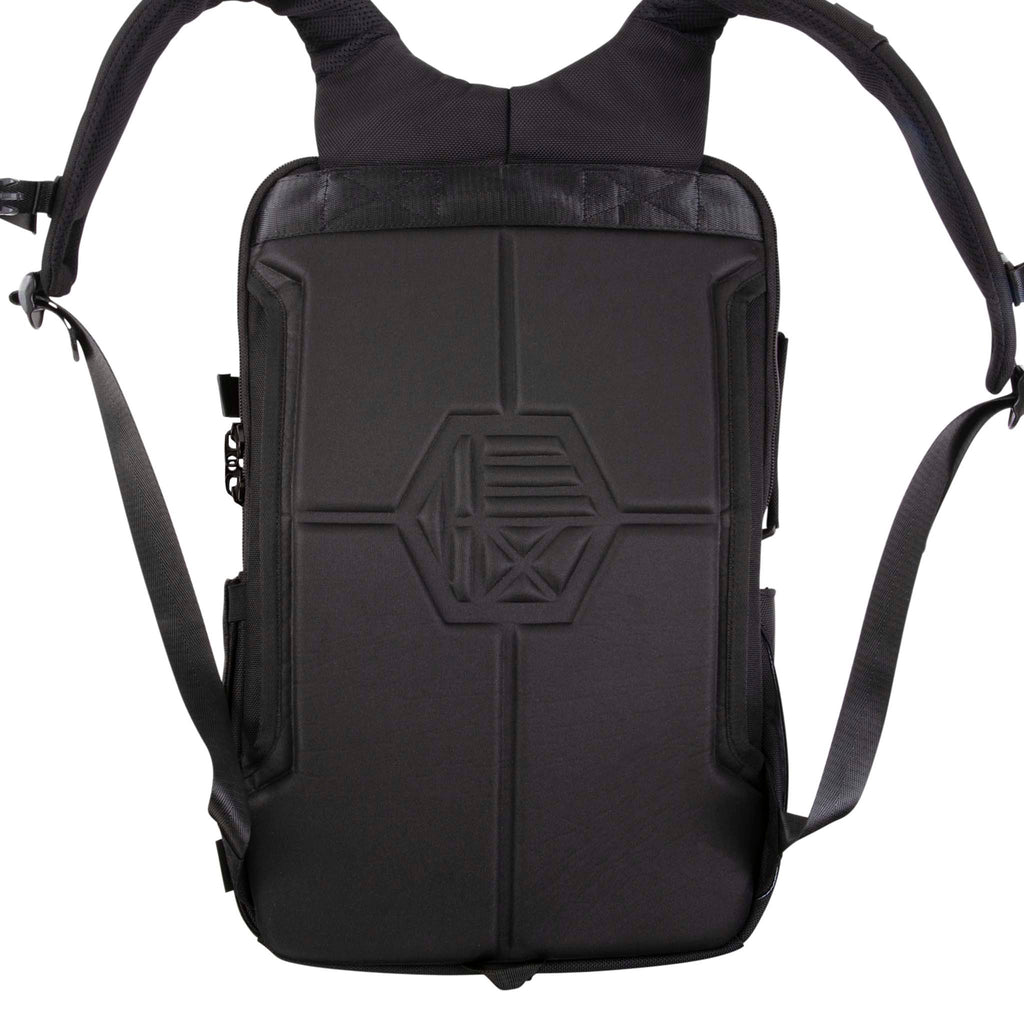 HEX Technical Backpack Glacier Camo, rear view, with straps parted to show padded back panel