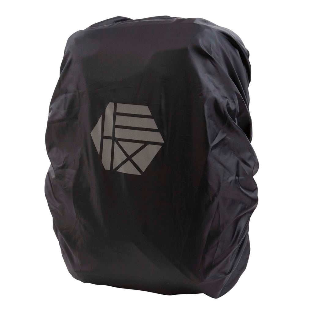 HEX Technical Backpack Glacier Camo, front view, with raincover deployed