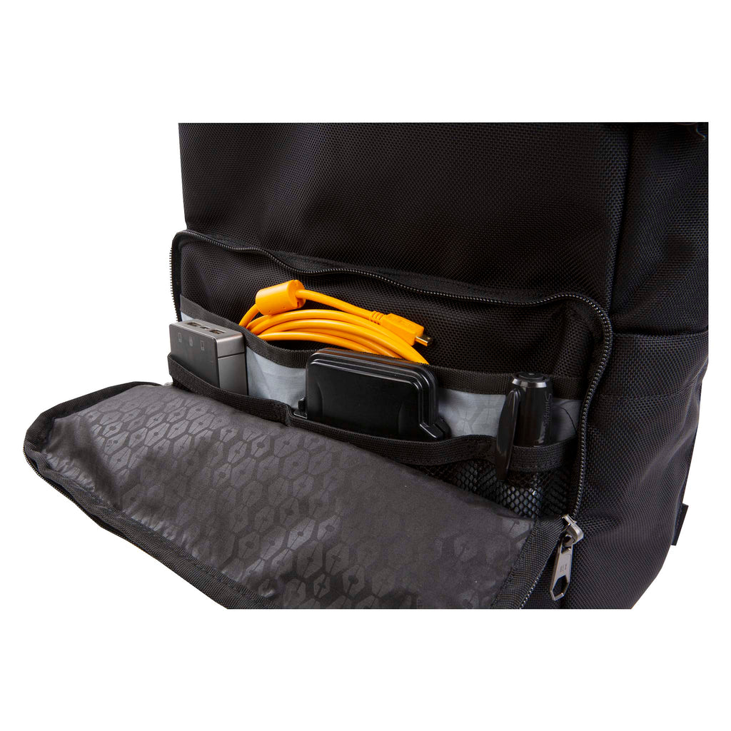 HEX Technical Backpack Glacier Camo, front view, with front pocket opened