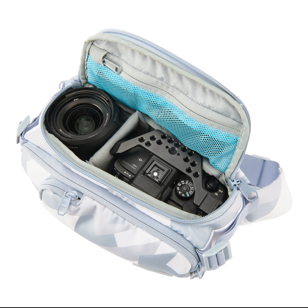 Ranger Arctic Camo Camera Mini Sling - pictured with camera equipment inside