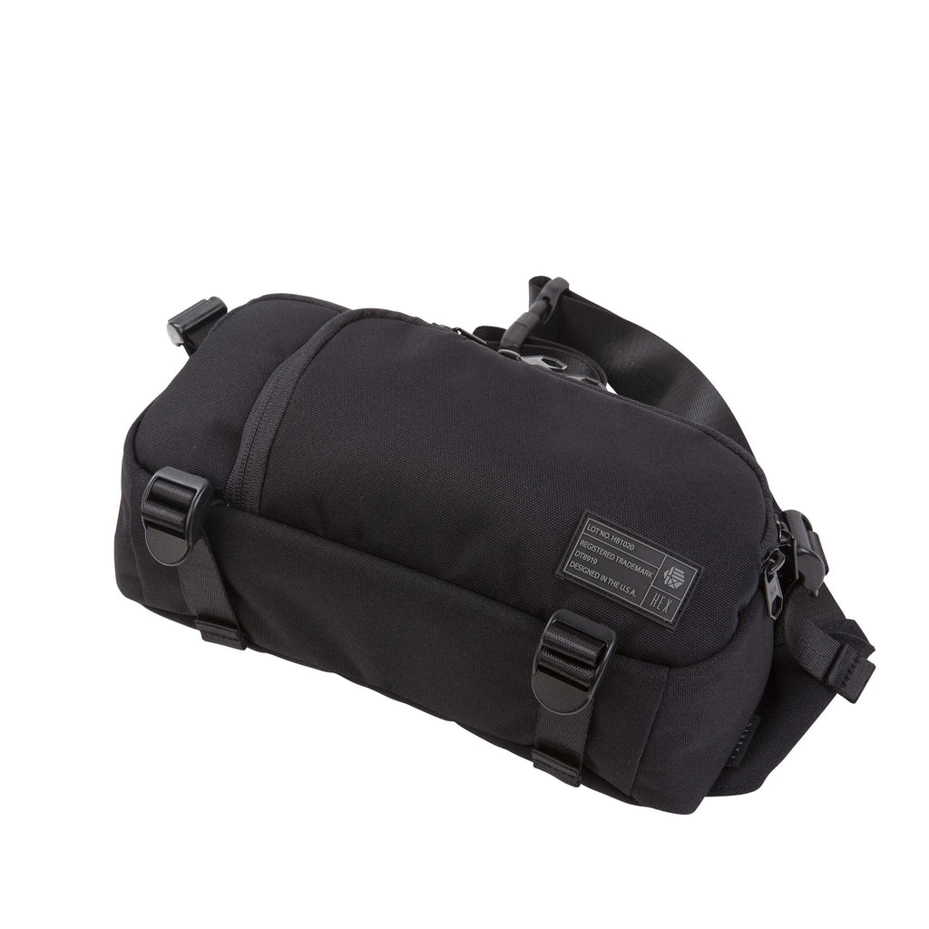 HEX Ranger DSLR Mini Sling, Black, front and bottom view laying flat