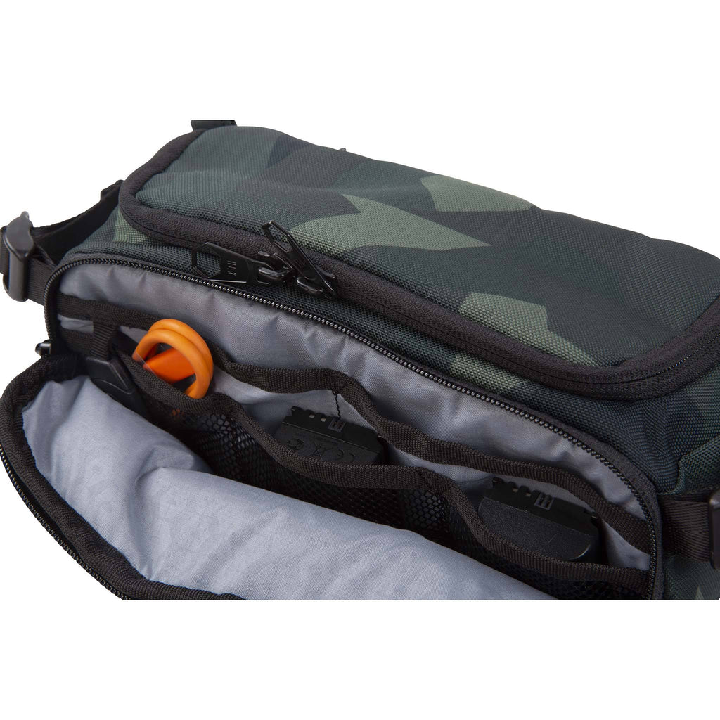 HEX Ranger DSLR Mini Sling, Camo, front pocket unzipped holding gear