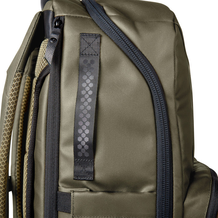 Close up of HEX HALO Spartan Tech Backpack, showing side grab handle