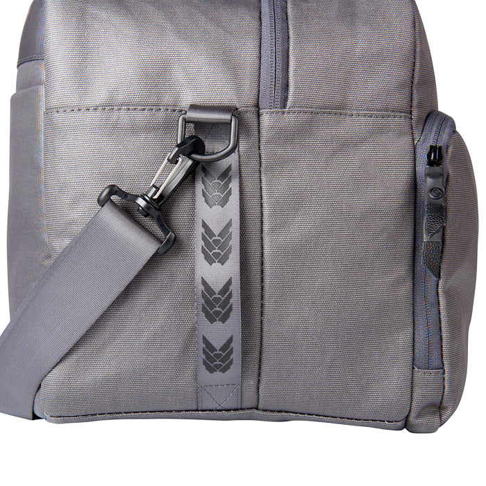 Close up of HEX HALO UNSC Duffel, Gray, side view, showing HALO logos